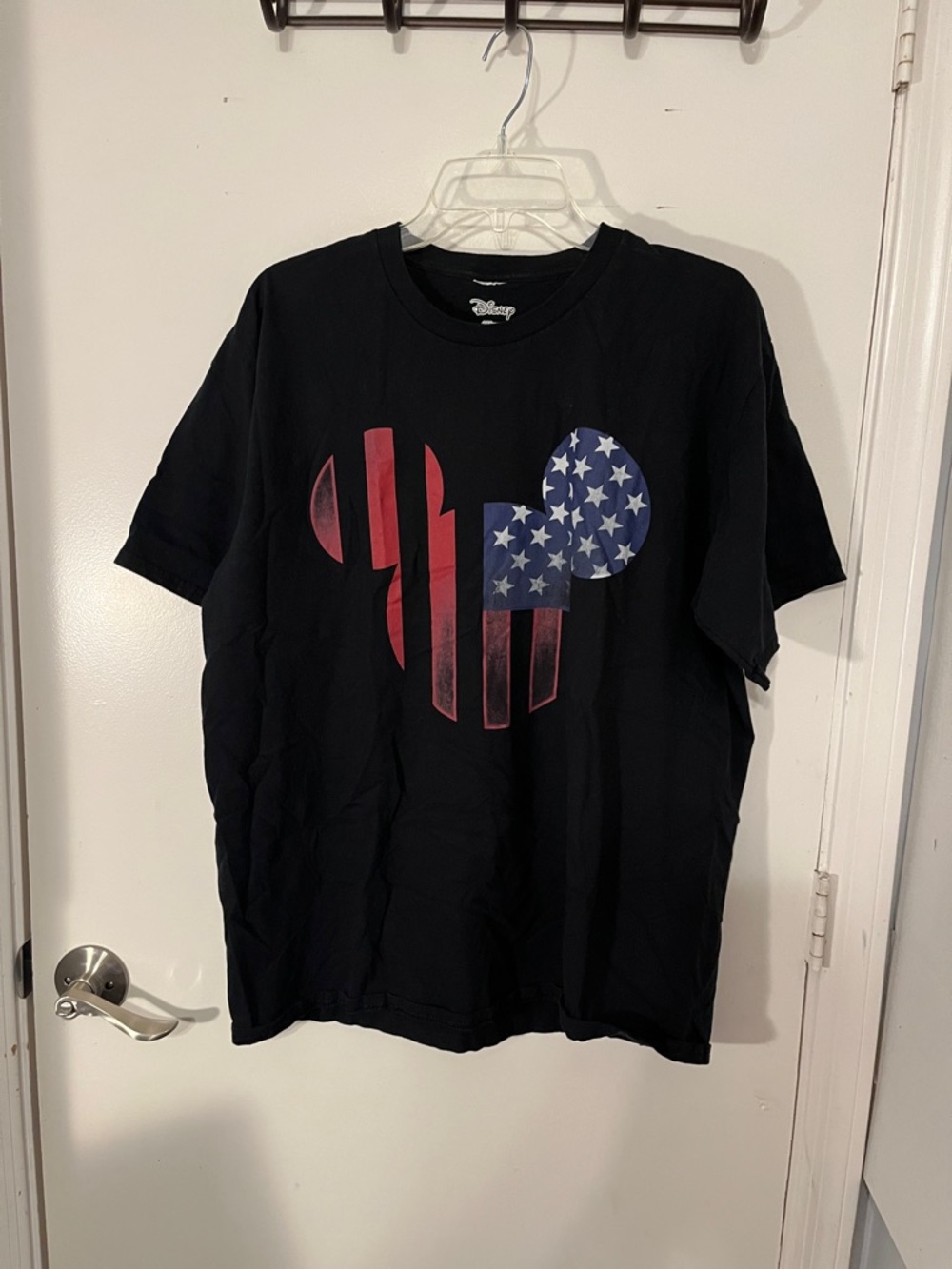 Disney Mickey Mouse head, shape American flag black T-shirt 100% cotton.